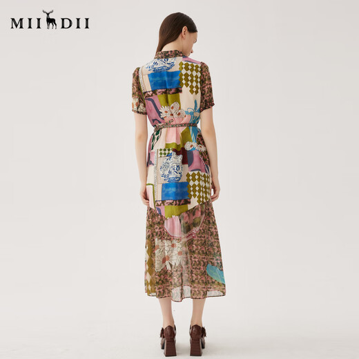 谜底印花连衣裙短袖女2024夏季款复古田园风长裙配腰带247ML5010 浅粉花 L