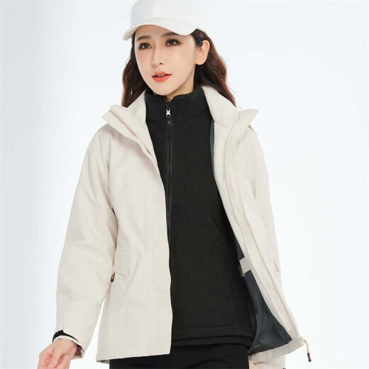 BRELRMON韩版冲锋衣女男防风户外防寒三合一保暖可拆卸滑雪登山服夹克外套 HS12805米白-男 S