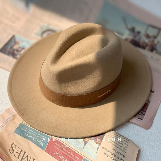 ALBINELE French new autumn and winter flat-brimmed woolen hat for men and women, fashionable wide brim black versatile European and American large head circumference camel camel (classic hot sale) M size 54-57cm head circumference (regular) adjustable