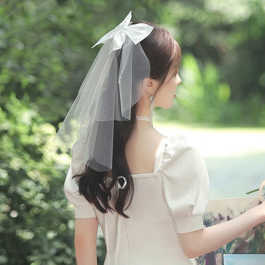 Dingjing Certificate Proposal Veil Bride Wedding Dress Wedding Internet Celebrity Style Super Fairy Beaded Bow Knot Fantasy Travel Photo Photo Props Children's Veil Fashion Headwear Bow Single Layer Beaded Veil F560 Hairpin Style