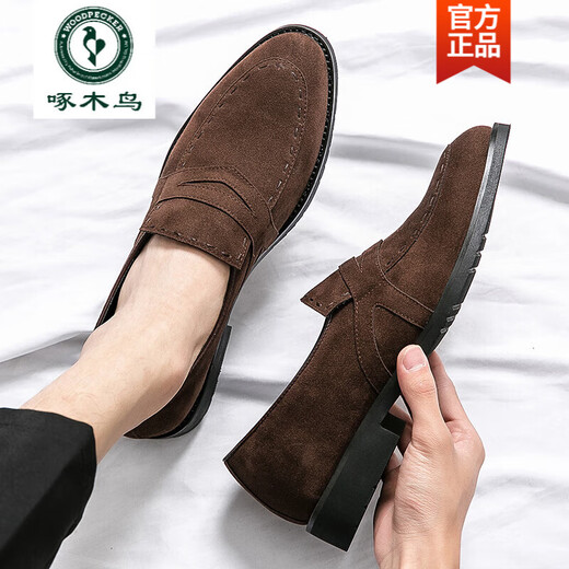 
Woodpecker Loafers men's 2025 new fashion British leather frosted fur shoes men's inner height-enhancing casual driving shoes 9215 brown lace-up 41