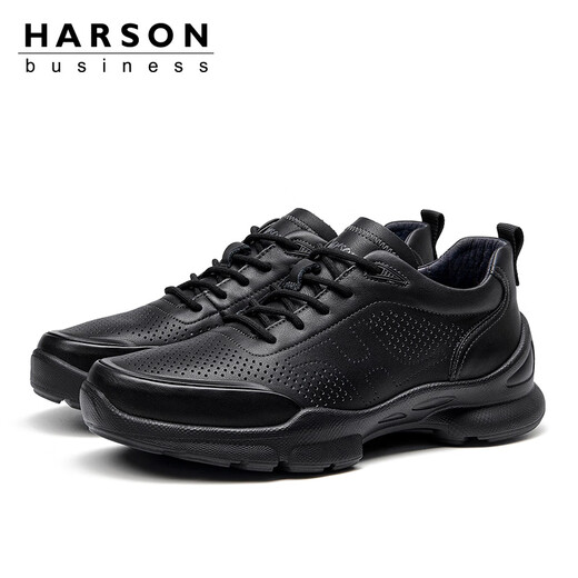Harson Herren-Herbst- und Winter-Freizeit-Lederschuhe, Pendler, Business, dicke Sohle, Erhöhung, Sport, Wanderschuhe, Schwarz, perforiert, 42