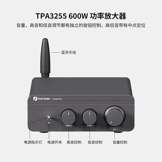 FOSI AUDIO BT20APRO digital amplifier high power amplifier mini Bluetooth HIFI small home fever high quality heavy bass gun gray 32V/5A power adapter