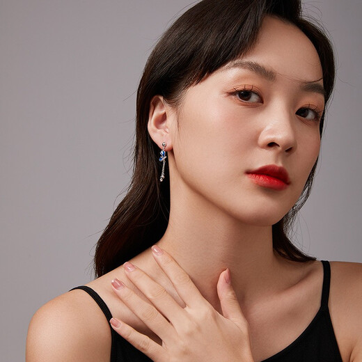 ZLF (ZLF) PT950 platinum earrings for women, elegant and smart blue enamel butterfly tassel earrings 4.12g