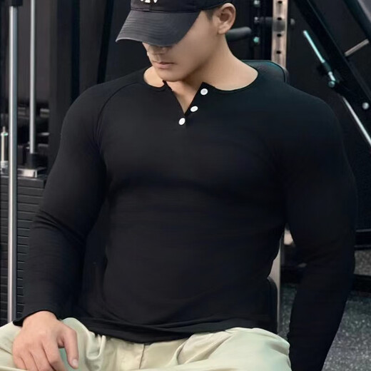 Dameitu (Dameitu) Henry shirt American long-sleeved threaded cotton retro American khaki men's raglan fitness show big Henry collar T-shirt sports black XL suitable for 60-70kg