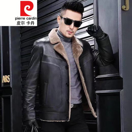 Pierre Cardin winter new Haining fur all-in-one leather jacket men's short jacket suit collar young and middle-aged jacket black M 165/M size 115Jin Jin equals 0.5 kg