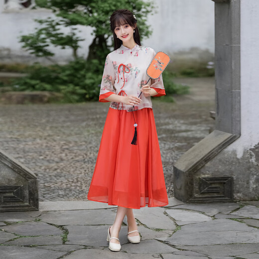 Yaoni Cheongsam Hanfu Rendimiento diario para mujeres Sección delgada 2025 Nuevo estilo chino Estilo nacional Conjunto de dos piezas con estampado de gasa literaria 9764 Lady Picture S (Peso recomendado 80-90 Jin Jin es igual a 0,5 kg)