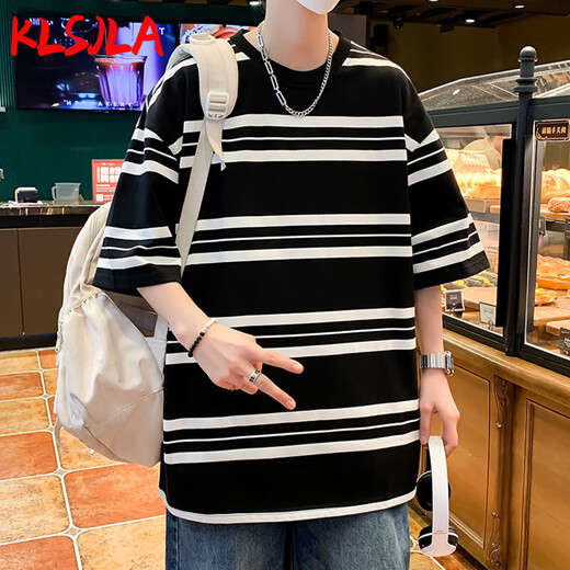 
KLSJLA contrasting striped short-sleeved men's summer ice silk cool T-shirt men's half-sleeved tops for teenagers Hong Kong style casual T-shirt T9227 white M (about 90-120 Jin [Jin equals 0.5 kg] can be worn)