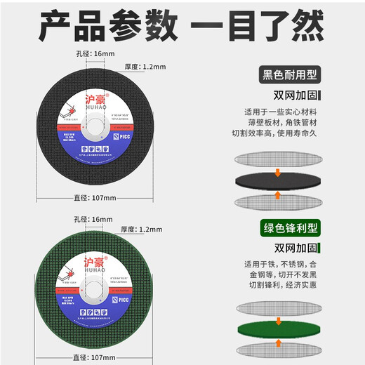 HUHAO angle grinder cutting disc 100 type cutting iron stainless steel metal grinding disc hand grinder grinding disc grinding angle grinding disc resin double mesh green disc buy 50 get 50 free 100 pieces in total