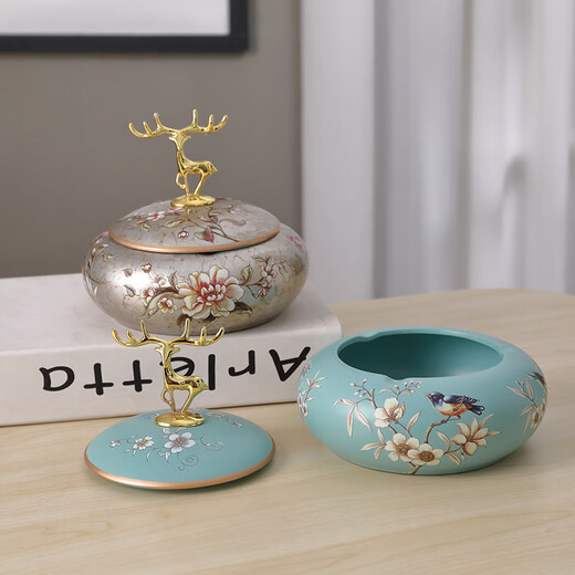 Tila Cenicero Americano para el hogar con Tapa Personalidad Creativa Sala de Estar Europea Mesa de Centro Retro Cerámica Cenicero Grande Adorno 1047 Estilo Flor y pájaro Oriole Azul