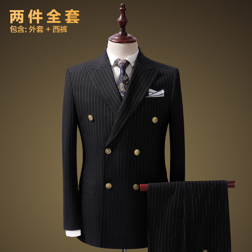 Leshili casual suit suit for men, high-end wool double-breasted striped slim business suit, groom's wedding dress, wool gray and black stripes, jacket + pants, 175/L 50 size, default 32 size pants