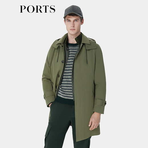 PORTS宝姿男装秋季棉混纺轻微防水可拆卸帽翻领合身长风衣 绿色 S