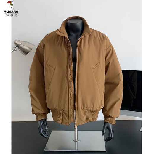 Woodpecker (TUCANO) American short stand-collar flight jacket men's winter fashion brand high street handsome baseball uniform cotton coat silhouette jacket black L