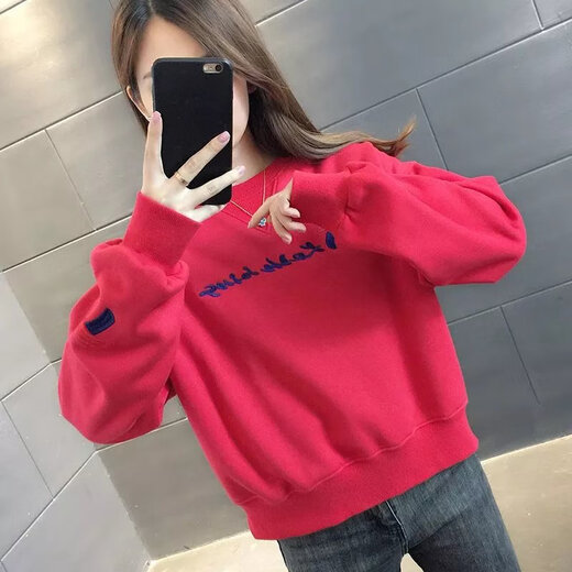 LANWEIFEILEI短款刺绣卫衣女加绒加厚秋冬新款韩版高腰小个子洋气字母外套 白色829款 2XL (135-150斤)