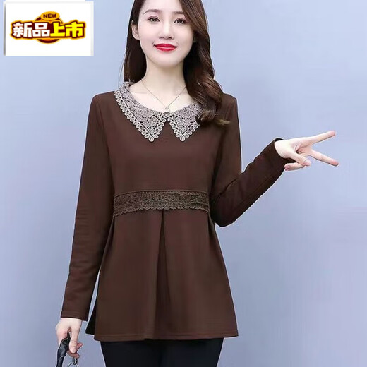 初径长袖T恤春秋款韩版宽松减龄休闲大码女装遮肚显瘦洋气打底衫上衣 咖啡色【春秋款9767】 4XL 【145-160斤】