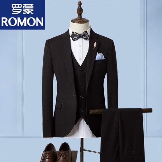 ROMON suit men's three-piece suit business formal casual small suit groomsmen groom wedding dress men's SJT1903 brown L