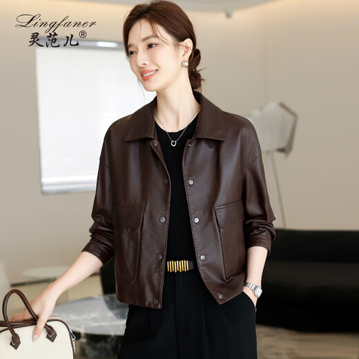 Lingfaner Haining genuine leather small leather jacket for women 2024 new spring and autumn casual first layer sheepskin jacket short style red coffee color 3XL