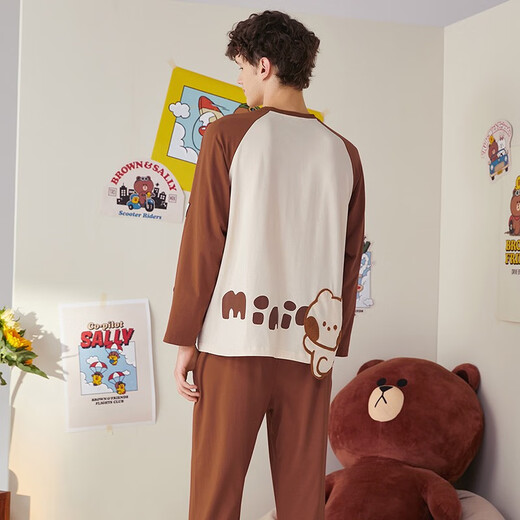 Fenton Couple Pajamas Women's Quarter Long Sleeve New Pure Cotton Brown Bear Joint Round Neck Homewear Set Apricot (Male) 2XL