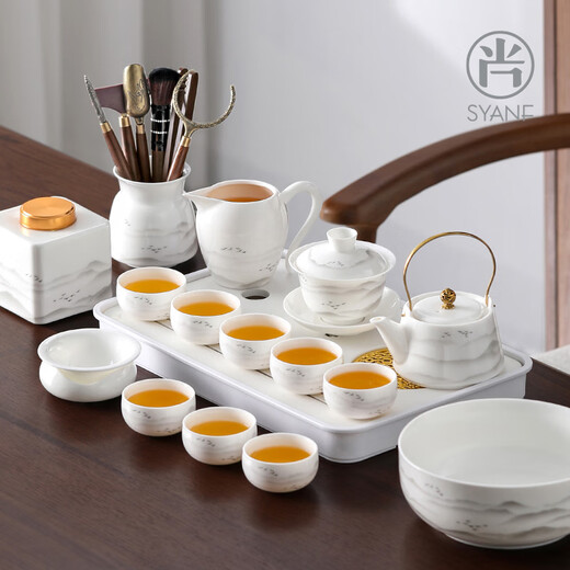 Shangyanfang mutton-fat jade porcelain Kung Fu tea set complete set of high-end tea sets with tea trays for home and office tea tureens teapots teacups 1 ink tureen (light version)