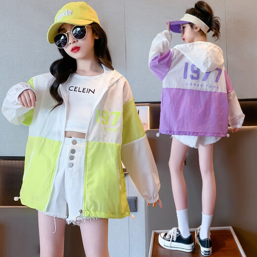 G.DUCKKIDS Girls Color Block Sun Protection Clothing 2024 Summer New Medium and Large Children's Insulated Thin Jacket Loose Casual Western Style Top 2316 Purple 170 Recommended Height 160-170 Age 14-15 Years Old