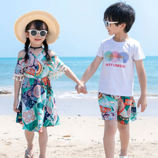 Little Bear Elf (xiaoxiongjingling) beach parent-child wear spring and summer trendy family wear seaside vacation travel mother-daughter dress beach skirt suit short-sleeved 71175 beach parent-child wear mom skirt L size / recommended 105-115 Jin Jin is equal to 0.5 kg