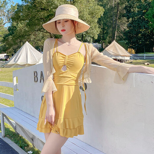 Dofinison swimsuit women's one-piece conservative swimsuit sun protection high-end super fairy long-sleeved slimming belly-covering hot spring resort swimsuit swimsuit two-piece set yellow 90-115Jin Jin equals 0.5 kg