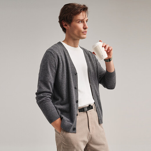 Zhaojun 2024 automne et hiver veste cardigan en laine de couleur unie haut de gamme pour hommes col en V à manches longues haut tricoté basique gris nuage foncé 3XL