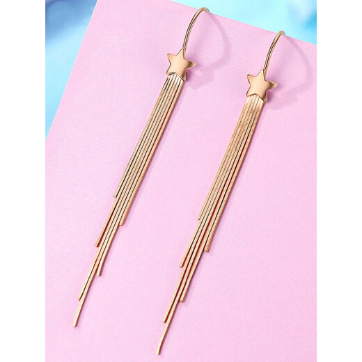 Haikayi light luxury 18k five-pointed star long tassel earrings for women rose gold ear hooks earrings star earrings slimming five-pointed star snake bone tassel ear hooks 1 pair - rose gold