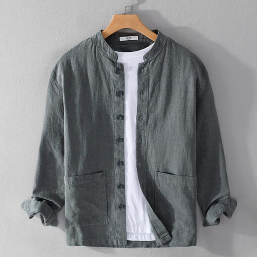 withMNW Hong Kong fashion brand national trend men's clothing ramie long-sleeved cotton linen shirt men's retro stand collar casual linen shirt men's jacket 9905 khaki M (100-115 Jin [Jin equals 0.5 kg])