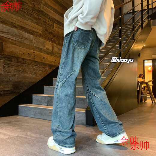 余帅（YU SHUAI）牛仔裤男春秋新款美式高街复古重磅潮流拼接裤子宽松阔腿直筒男裤 YC-7260黑色 L