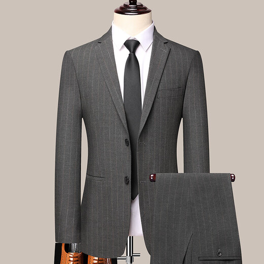 Hengyuanxiang wool suit men's suit Middle-aged men's autumn and winter business casual formal wear professional high-end suit wedding dress 2383 - black and gray strips L (175) pants default size 34 - for other sizes, please leave a message about your waist size or contact customer service