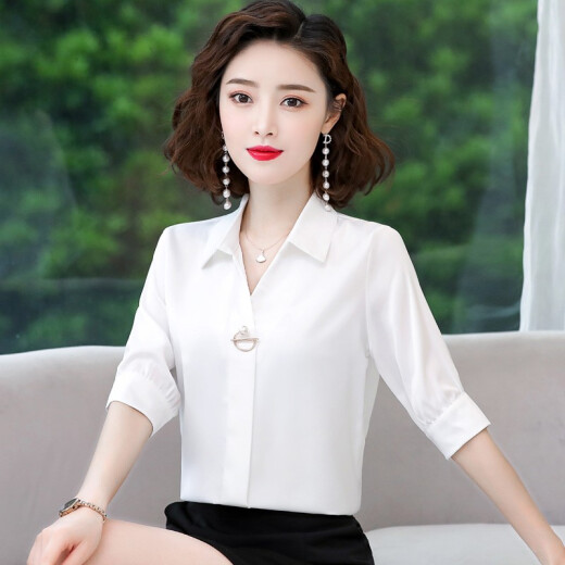 Zhiling shirt women's design niche short-sleeved 2021 spring and summer new business wear top lapel shirt elegant small shirt WZ580 white M