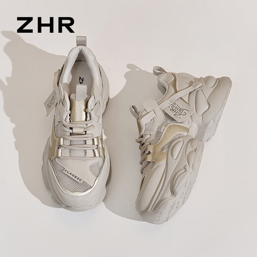 ZHR老爹鞋女夏季厚底休闲网洞鞋女透气女鞋 G673E 灰金（网面） 38