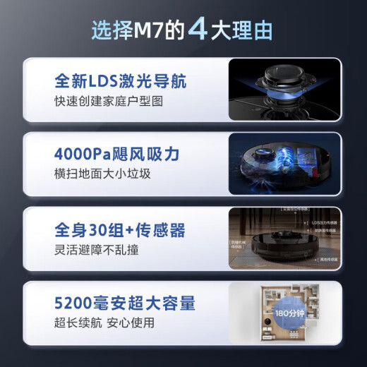美的扫地机器人M7扫拖一体机器人家用扫地机拖地机大吸力卧室清洁机 智能激光导航M7