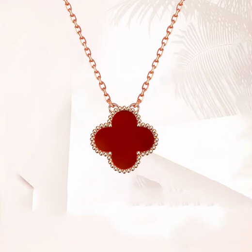 Fafanxi Light Luxury Four-leaf Clover Necklace for Women 18K Color Gold Internet Celebrity Simple Rose Gold Chinese Valentine's Day 520 Gift for Girlfriend Red Agate (13mm)
