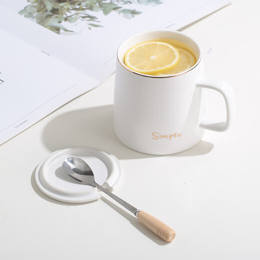 Chuanqi Ceramic Mug with Spoon Lid Coffee Cup Milk Cup Breakfast Cup Office Cup Men's and Women's Tea Cup Gold and White 400ml