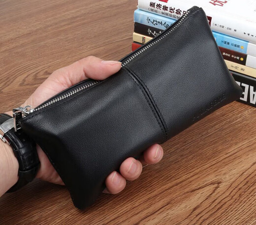 BARNOROO long genuine leather men's wallet zipper wallet mobile phone bag youth wallet trendy clutch bag small clutch cowhide men's black
