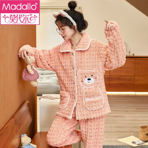 Modal flannel pajamas for women in autumn and winter thickened warm coral velvet home clothes set for young and middle-aged mothers that can be worn outside T687 Orange Pink Bear Extra Thick M Recommendation (85-100Jin Jin equals 0.5kg)