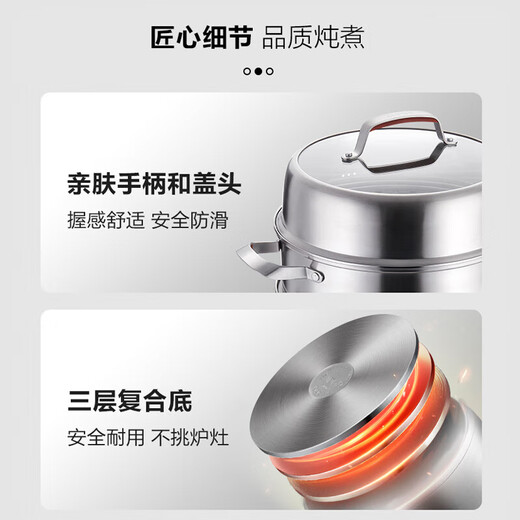 SUPOR 28cm delicious steamer series three-layer stainless steel double bottom 304 all-steel pot body large capacity steamer SZ28E7