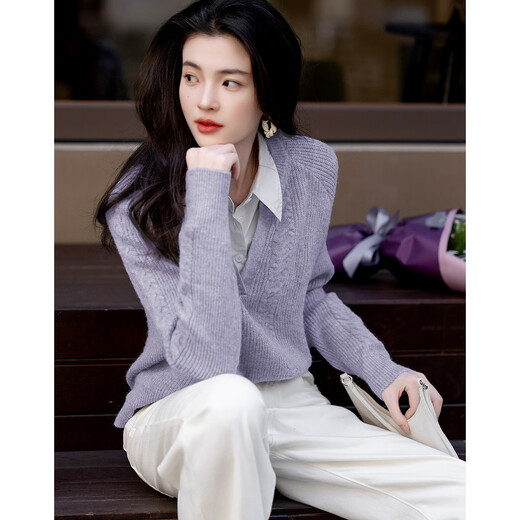 Demana Cloud Sweater Spring and Autumn Simple Style Commuting Spliced ​​Lapel Comfortable Fiber Velvet Yarn Covering Flesh Knitted Sweater Women's Top