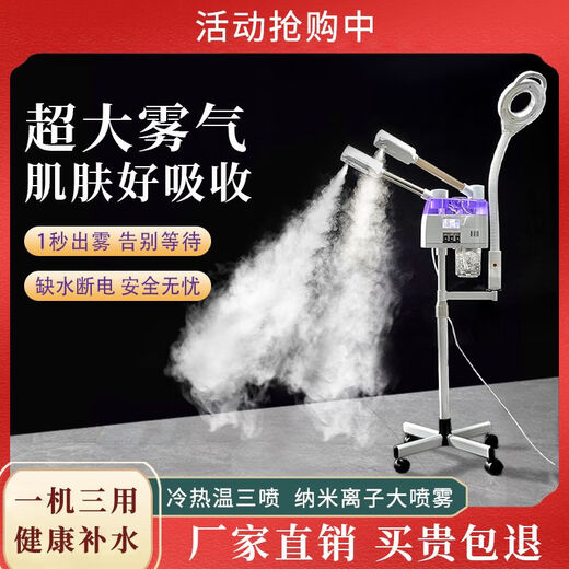 Vaporizador en spray frío y caliente, vaporizador facial, luz de agua facial, spray nanométrico de molécula pequeña, poros hidratantes faciales, especial para salones de belleza, spray frío y caliente de doble tubo + lámpara de aumento 8x + luz ajustable