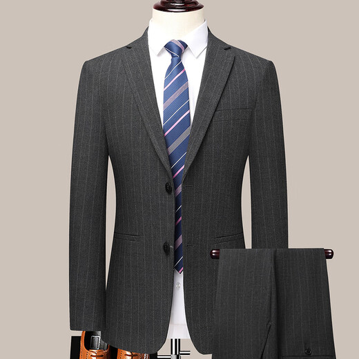 Hengyuanxiang wool suit men's suit Middle-aged men's autumn and winter business casual formal wear professional high-end suit wedding dress 2383 - black and gray strips L (175) pants default size 34 - for other sizes, please leave a message about your waist size or contact customer service