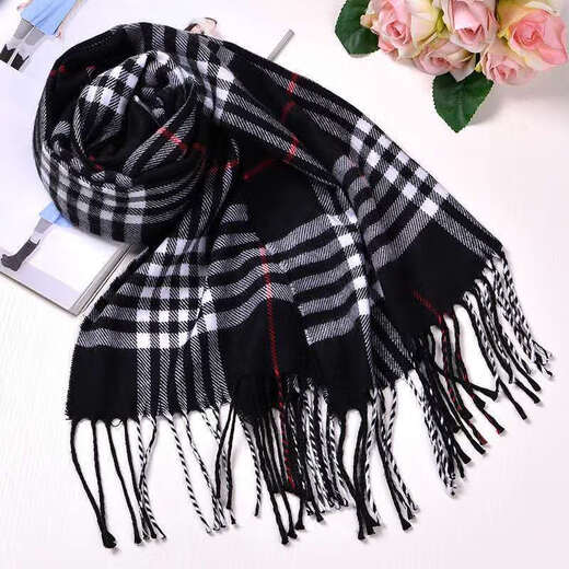 Bijinger men's handkerchief scarf for middle-aged and elderly men autumn and winter warm scarf long thickened high-end imitation sheep fashion black gray (large grid)