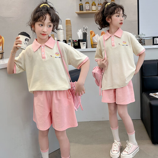 Beihaiqu Children's Clothing Girls' Suits Summer Clothes Children's Summer Middle and Large Children's POLO Shirts Casual Pants Two-piece Set Girls' Summer Clothes Pink 130 Sizes (Recommended Height 115-125 cm)