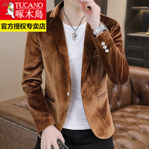 Woodpecker Spring and Autumn New Gold Velvet Suit Men's Casual Korean Slim Casual Uniform Youth Personalized Small Suit Jacket Apricot 3XL 150-165Jin Jin is equal to 0.5 kg