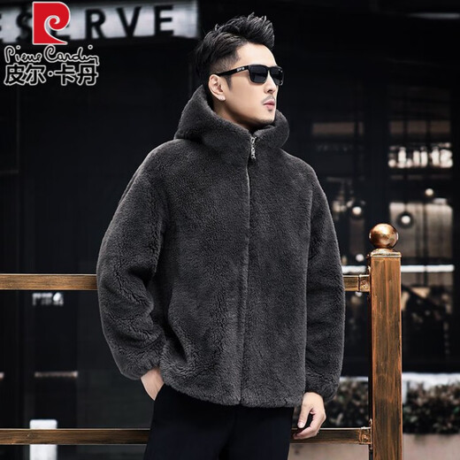 Pierre Cardin 100% Genuine Wool Sheep Shear Coat Men's Fur One-piece Lamb Fur Coat Hooded Men's Thick Winter Jacket Dark Gray L 100 to 125 Jin Jin equals 0.5 kg Wear