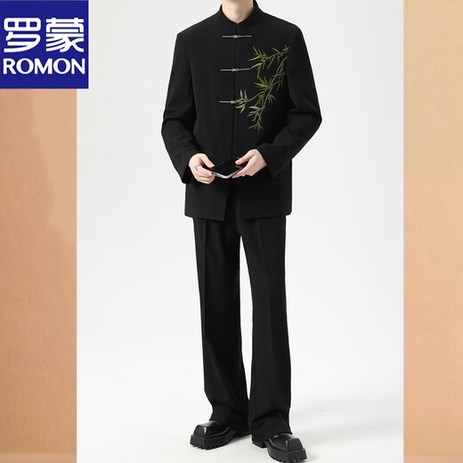 ROMON New Chinese tunic suit, engagement groom suit, men's wedding wedding high-end coat, national style embroidered suit suit, black jacket + pants XL