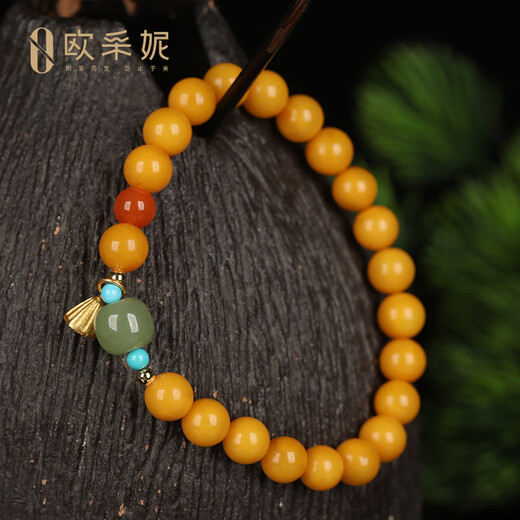OUCERNY Beeswax Bracelet Natural Chicken Fat Yellowstone Amber and Clear Bottom Hetian Jade Bracelet Women's Russian Material Gift for Wife