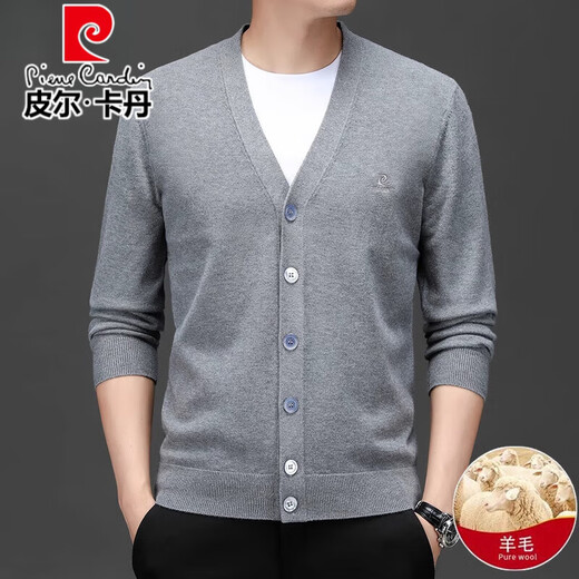 Pierre Cardin high-end wool knitted cardigan for men 100% wool autumn and winter 2025 new velvet thickened warm base sweater beige L 175/92A