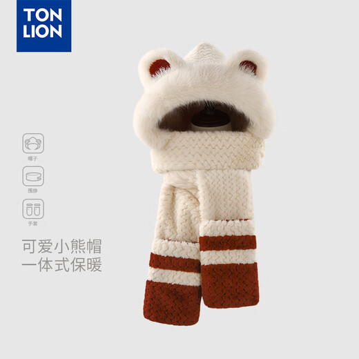 TonLion 2025 new cold-proof and warm bear plush hat scarf gloves all-in-one women's winter thickened ear protection cycling hat red